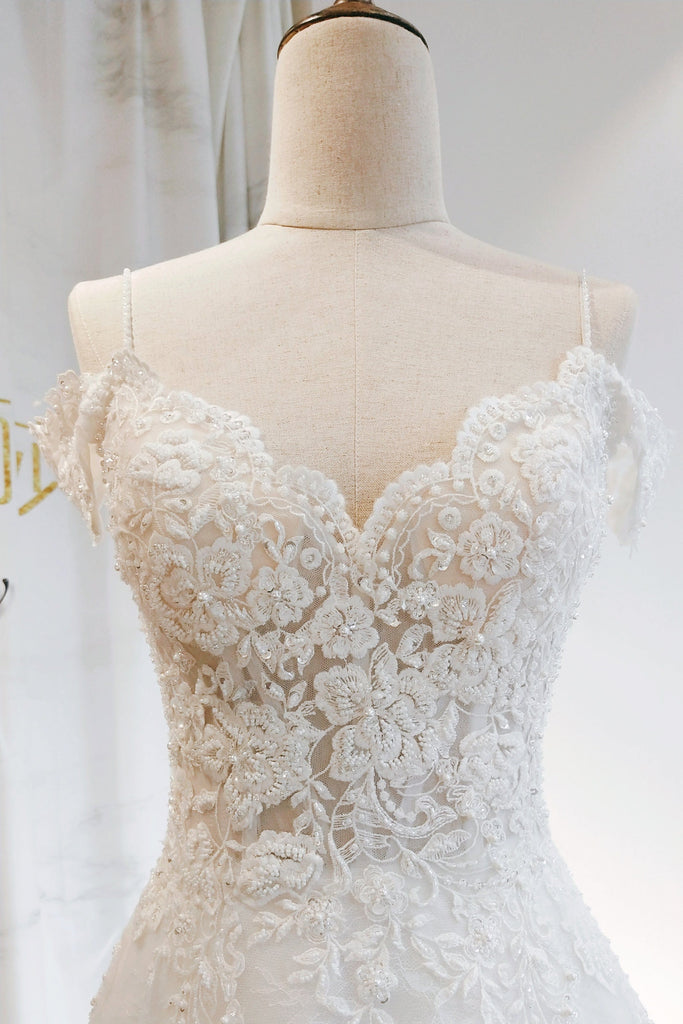v neck lace wedding dress