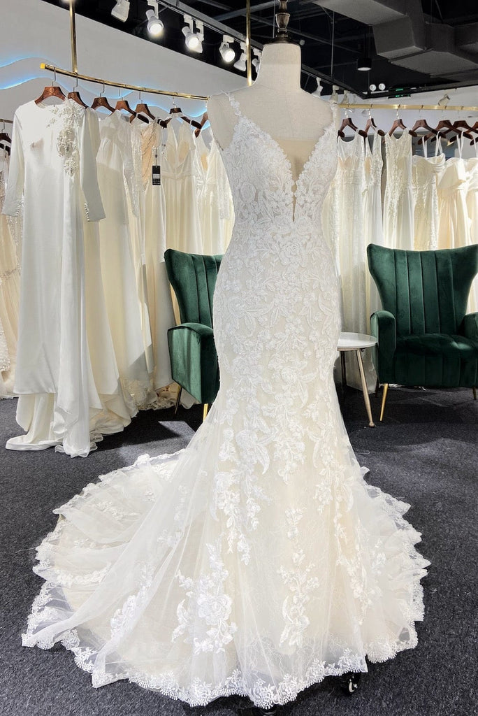 v-neck lace wedding dress