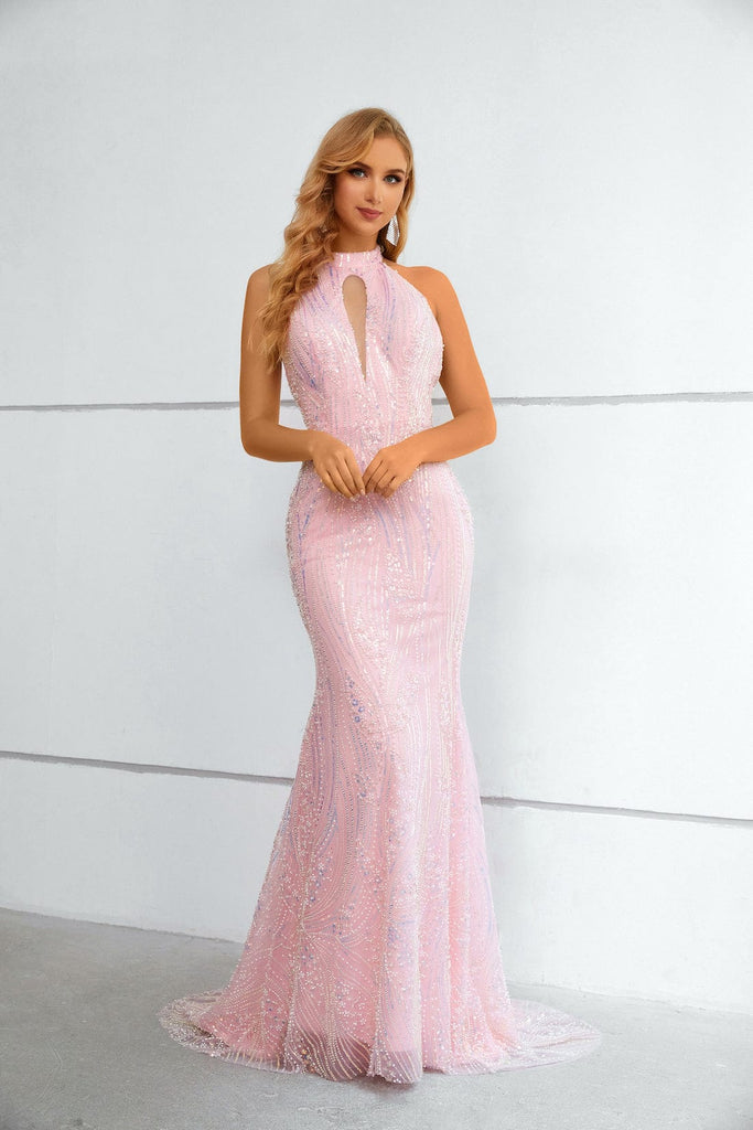 blushing pink long prom dress
