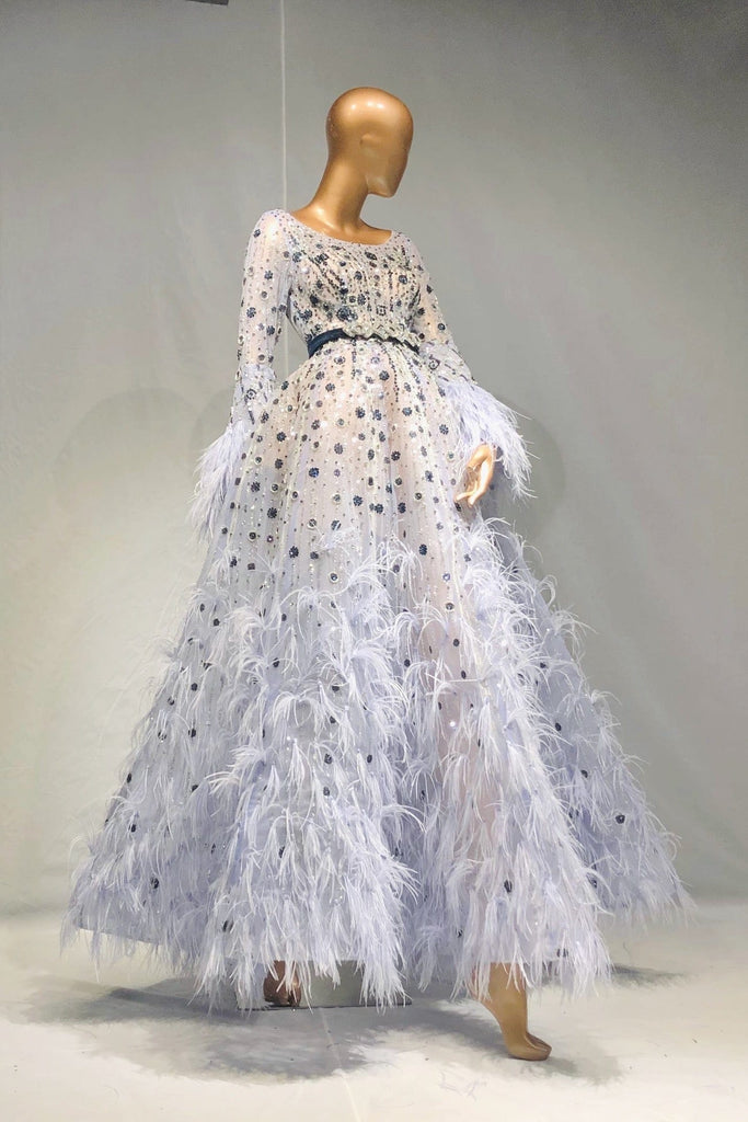 evening gown with feathers