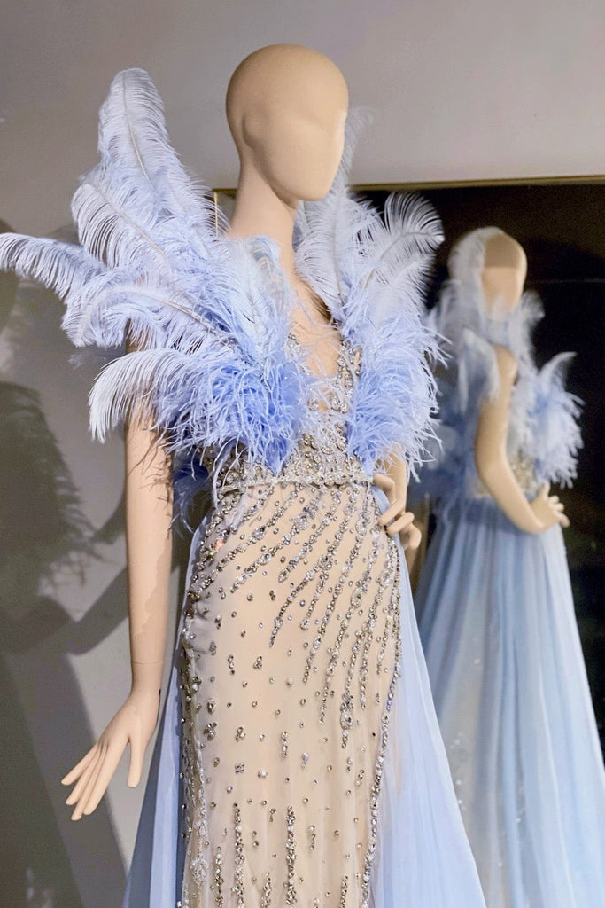 feathered evening dress