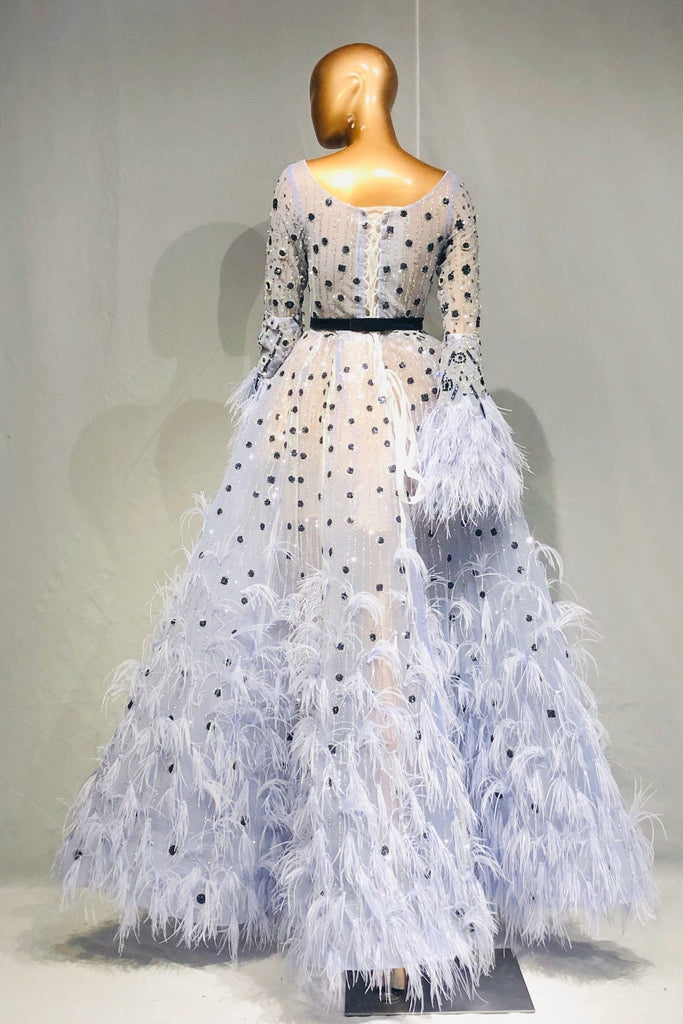 feathered prom dress