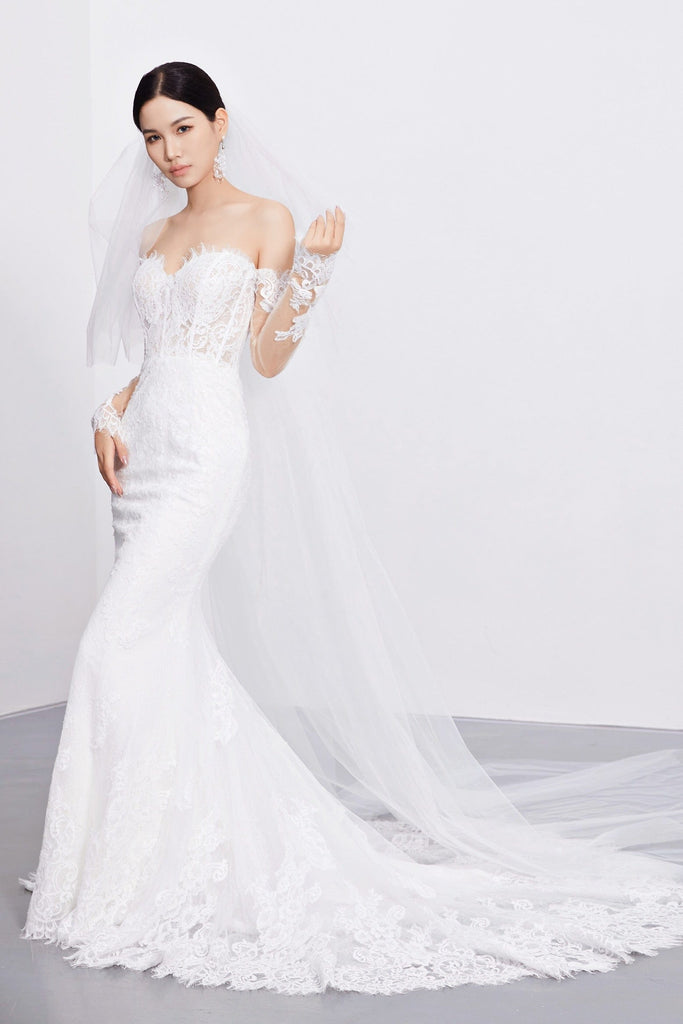 fit-and-flare wedding dress with sleeves