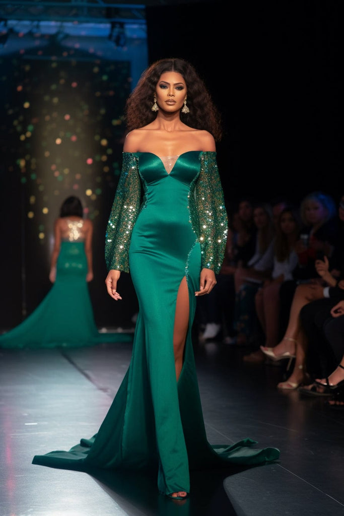 green prom dress with sleeves