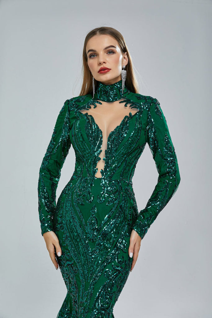 dark green high neck prom dress