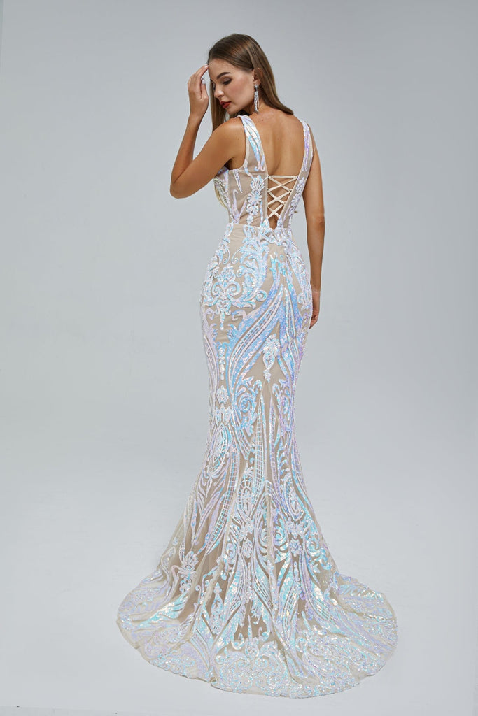 iridescent lace sequin prom dress