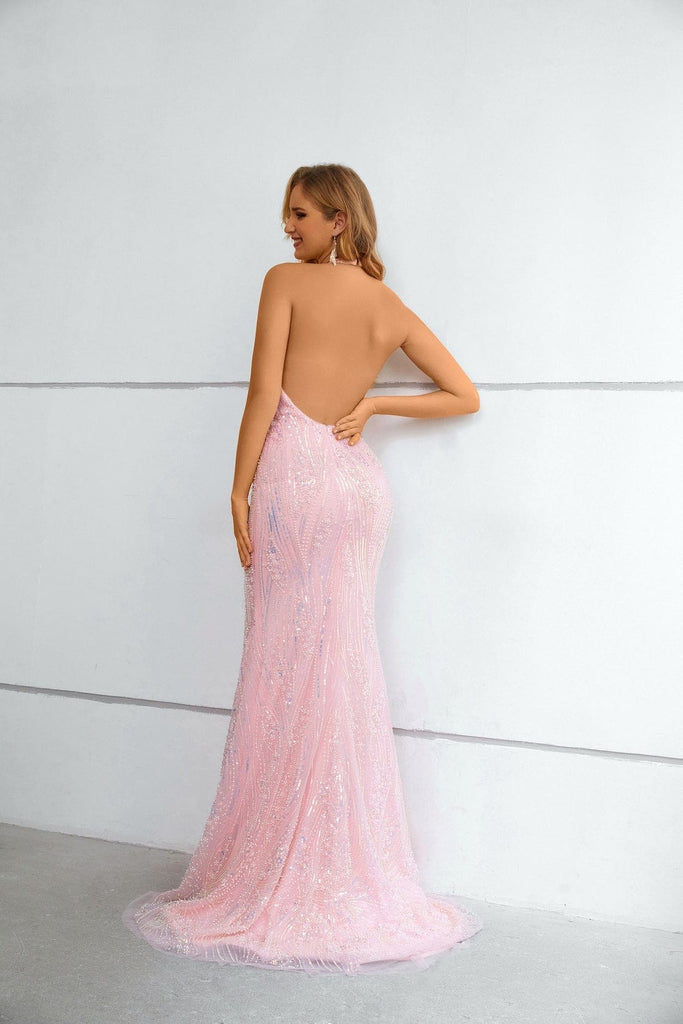 open back pink prom dress