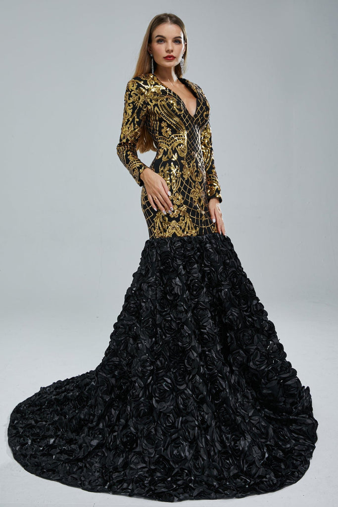 patterned sequin prom dress