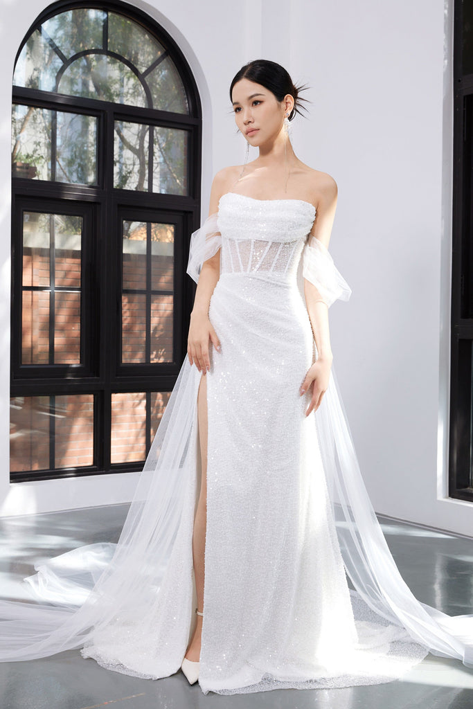 white sequin wedding dress