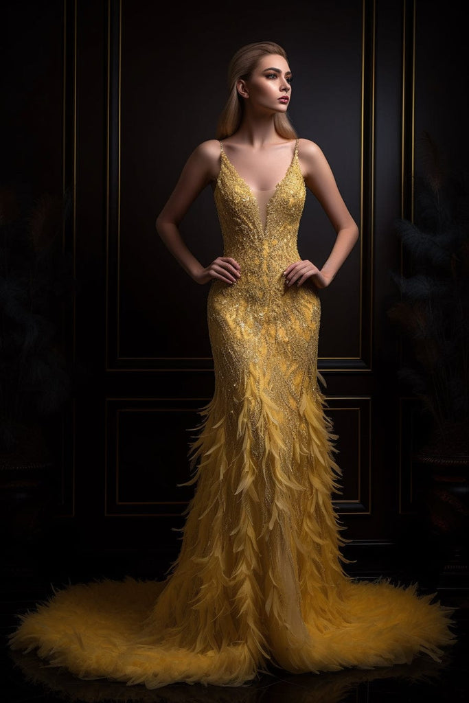 yellow sequin prom dress